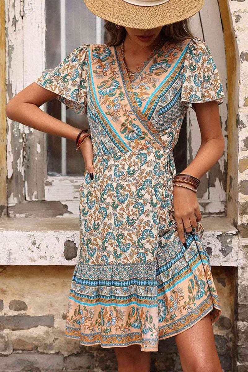 Bohemian Flutter Sleeve Surplice Dress