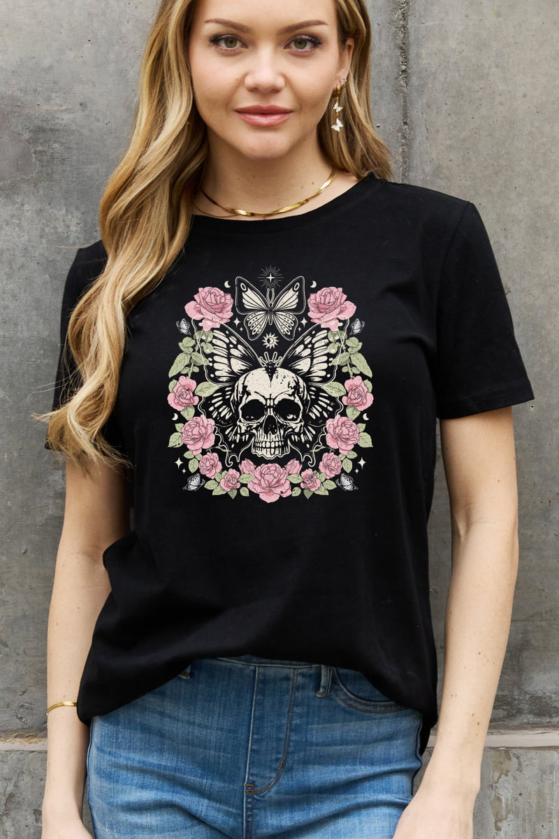 Simply Love Full Size Skull & Butterfly Graphic Cotton Tee