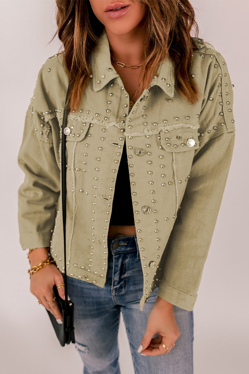 Frayed Trim Rivet Denim Jacket