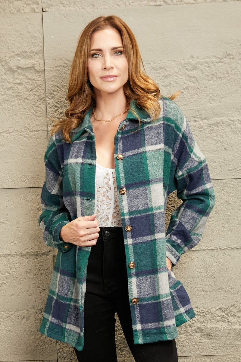 Double Take Plaid Dropped Shoulder Pocketed Shirt Jacket