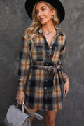 Plaid Tie Waist Button Down Shirt Dress - AM APPAREL