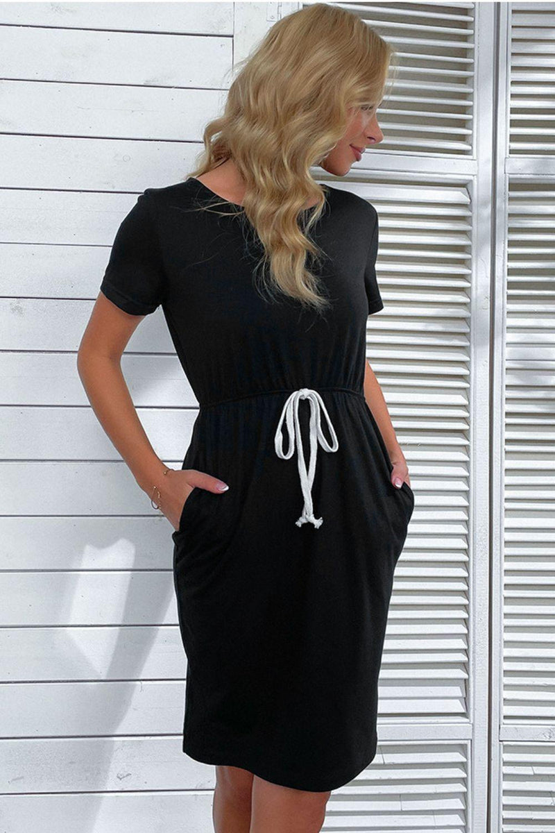 Side Slit Drawstring Round Neck Dress - AM APPAREL