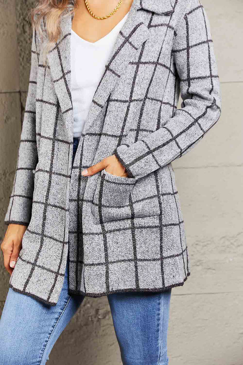 Double Take Printed Open Front Lapel Collar Cardigan with Pockets