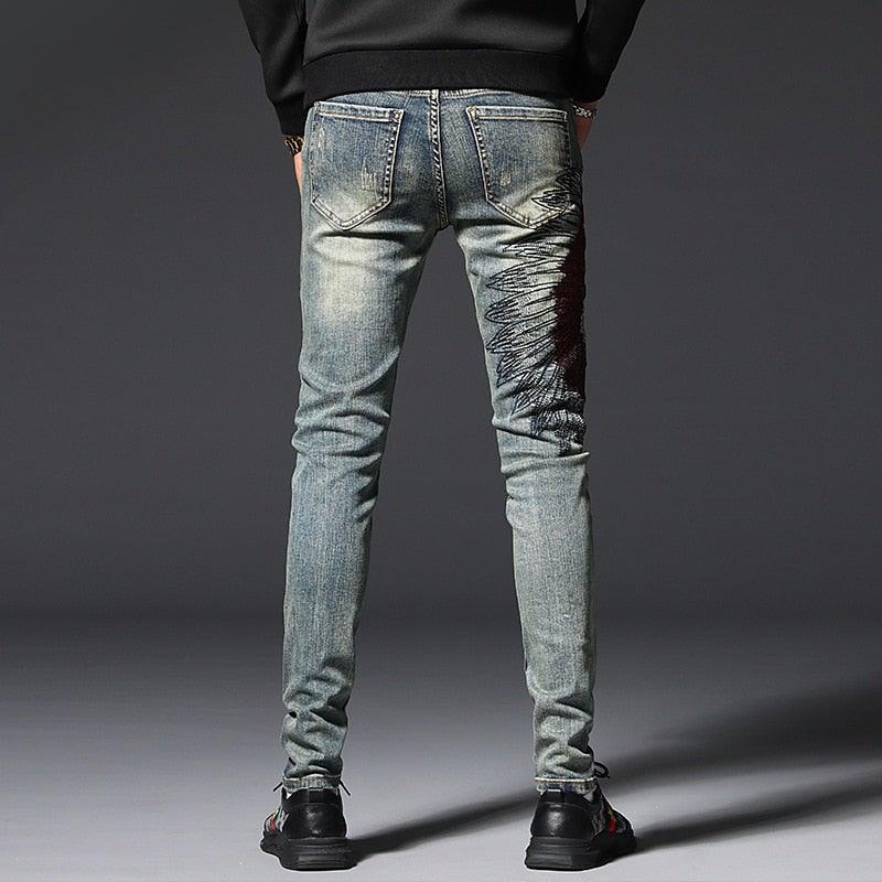 JJD Men’s Distressed Embroidery Jeans - AM APPAREL