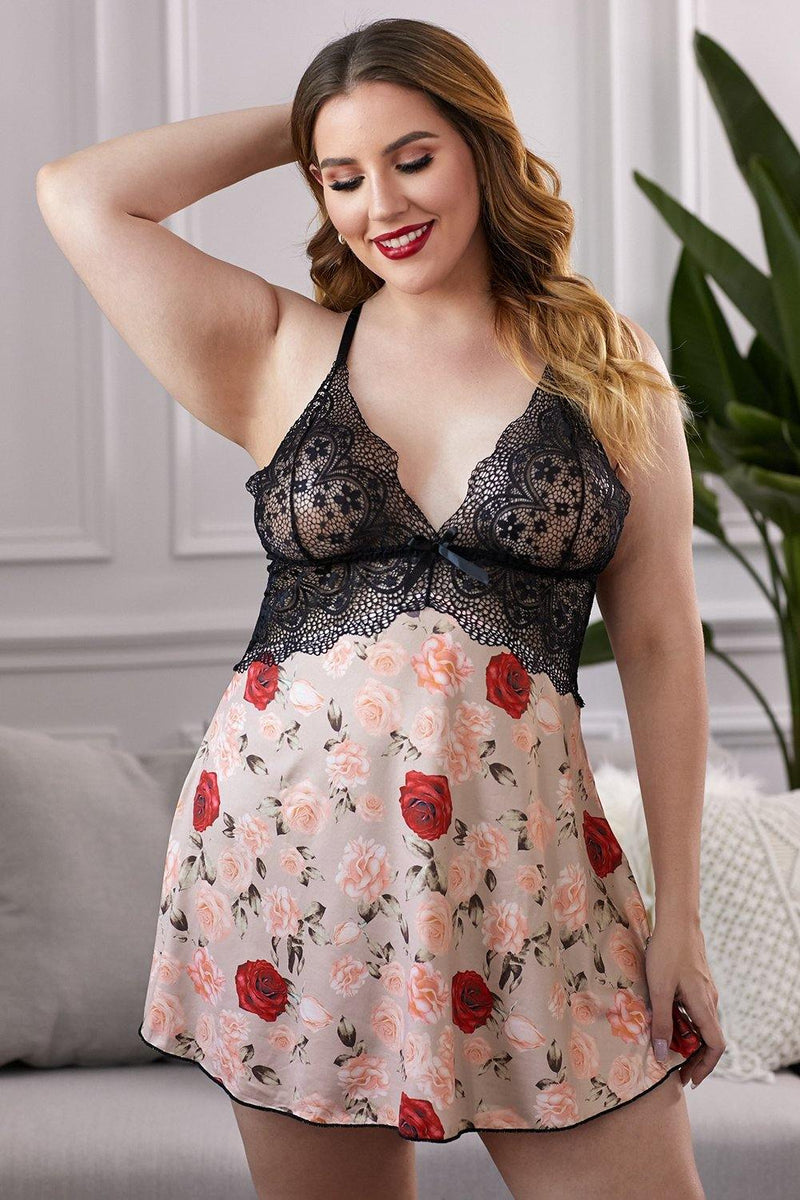 Lace Bra Splicing Floral Babydoll - AM APPAREL