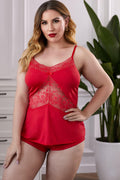 Lace Insert Plus Size Pajamas Set - AM APPAREL