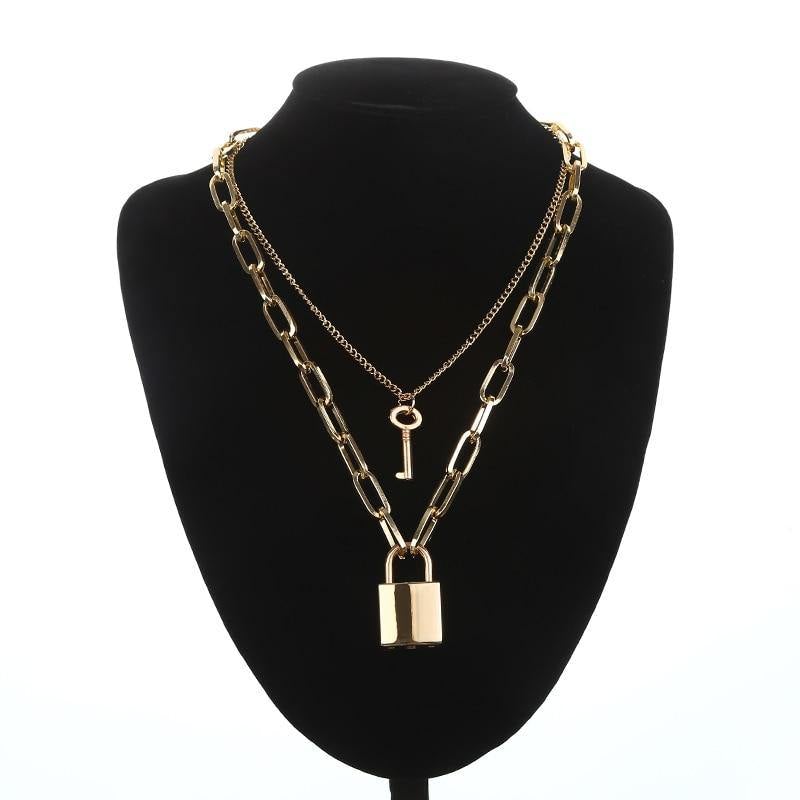 Men's 2 Pcs Necklace With A Padlock and Key Pendants - AM APPAREL