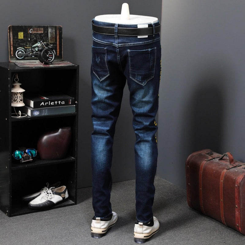 Men's Autumn Patchwork Tiger Embroidery Jeans - AM APPAREL