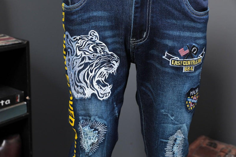 Men's Autumn Patchwork Tiger Embroidery Jeans - AM APPAREL