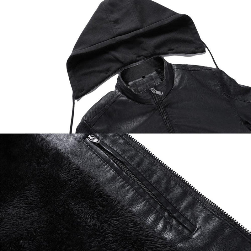 Men's Hooded PU Leather Thick Winter Jackets - AM APPAREL