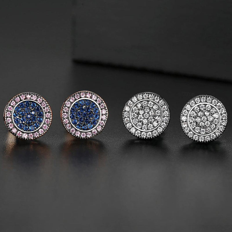 Men's Blue Round Zirconia Stud Earrings - AM APPAREL