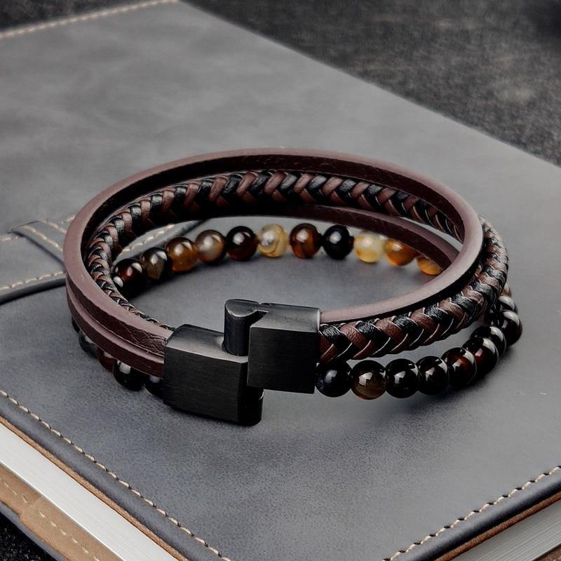 Men's Boho Beaded Leather Bracelet - AM APPAREL