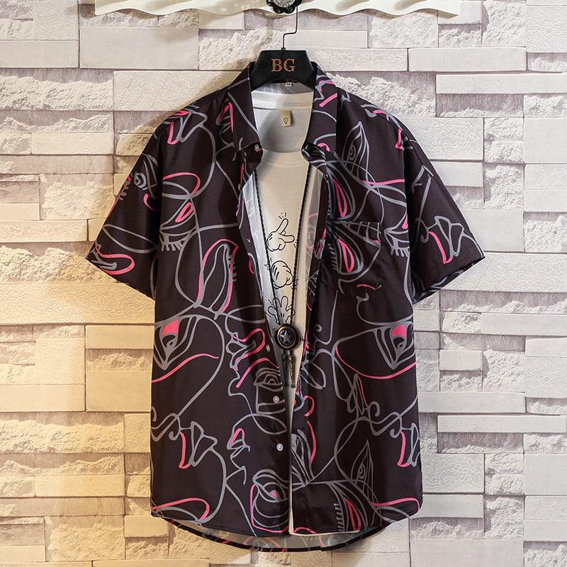 Men's Casual Flower Print Short Sleeved Shirt - AM APPAREL