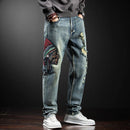 Men's Embroidery Distressed Loose Fit Jeans - AM APPAREL