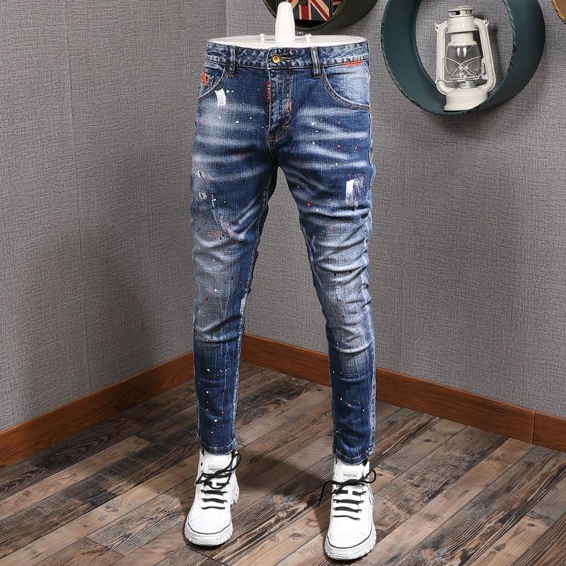 Men's Fashion Streetwear Retro Blue Slim Fit Jeans - AM APPAREL