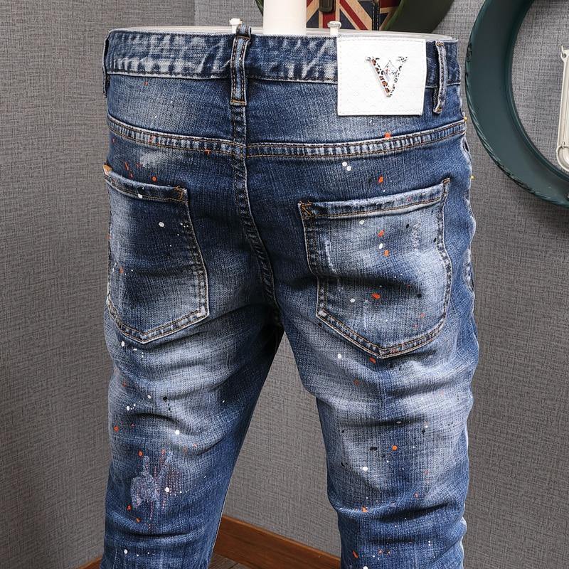 Men's Fashion Streetwear Retro Blue Slim Fit Jeans - AM APPAREL