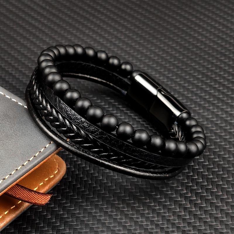 Men's Fine Multi-Layered Leather Beaded Bracelet - AM APPAREL