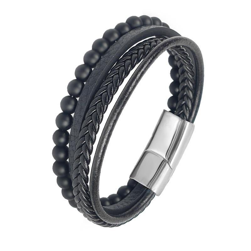 Men's Fine Multi-Layered Leather Beaded Bracelet - AM APPAREL