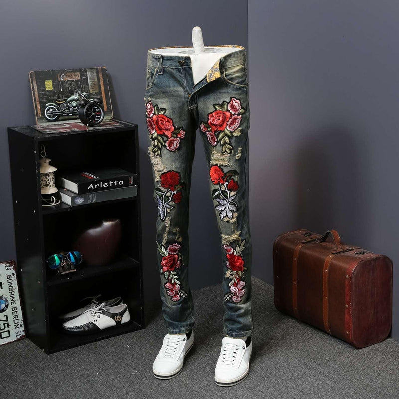 Men's Flower Embroidery Hip Hop Jeans - AM APPAREL