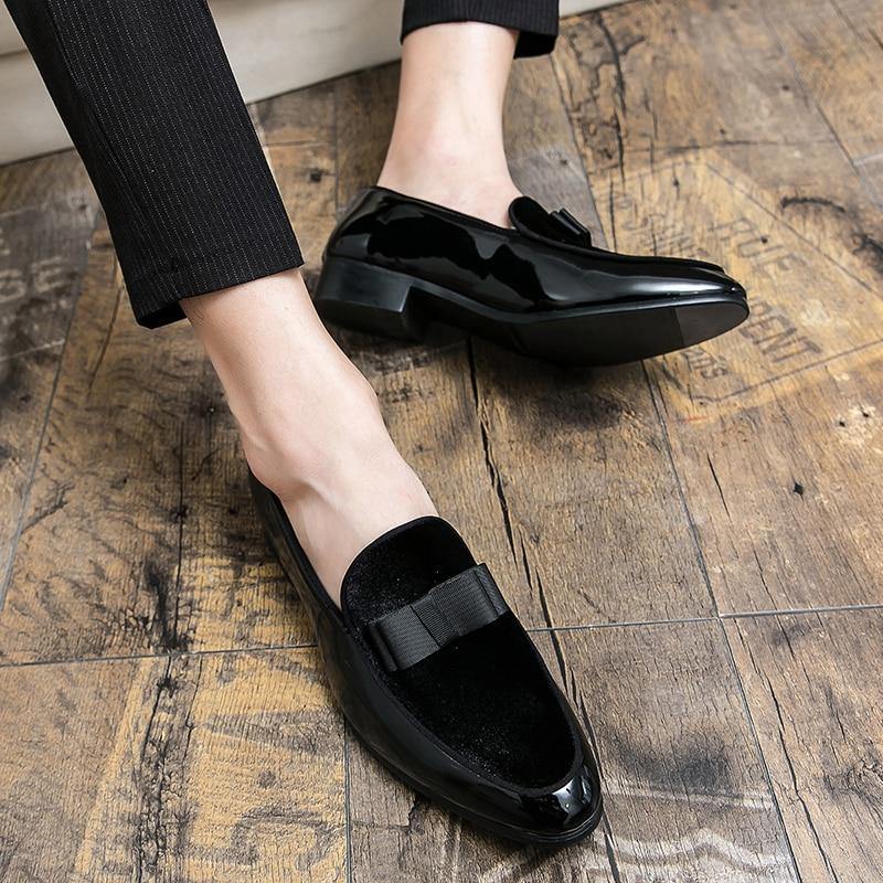 Men's Formal Patent Leather Loafers W/ Bow Tie Details - AM APPAREL