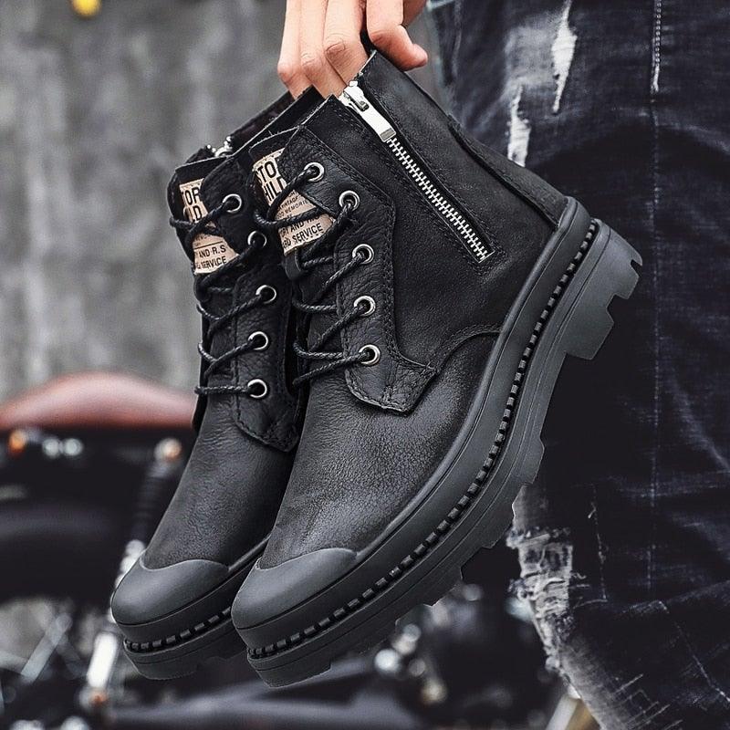 Men's Genuine Leather High Top Zipper Boots - AM APPAREL