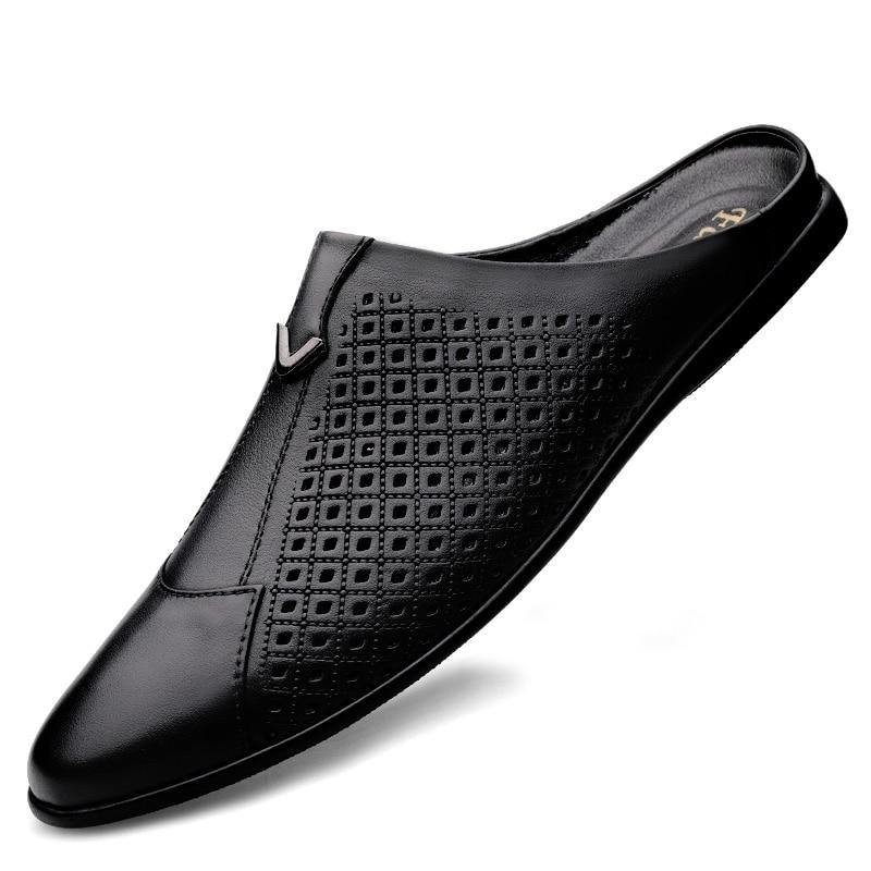 Men's Genuine Leather Mules Backless Loafers - AM APPAREL