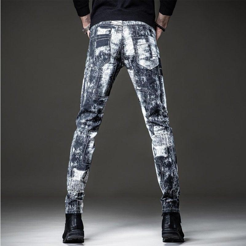 Men's Graffiti Print Patchwork Slim Fit Jeans - AM APPAREL