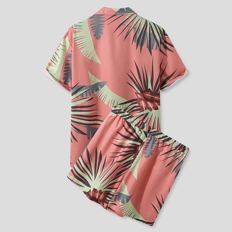 Men's Hawaiian Floral Print Summer Short & Shirt Set - Pink - AM APPAREL