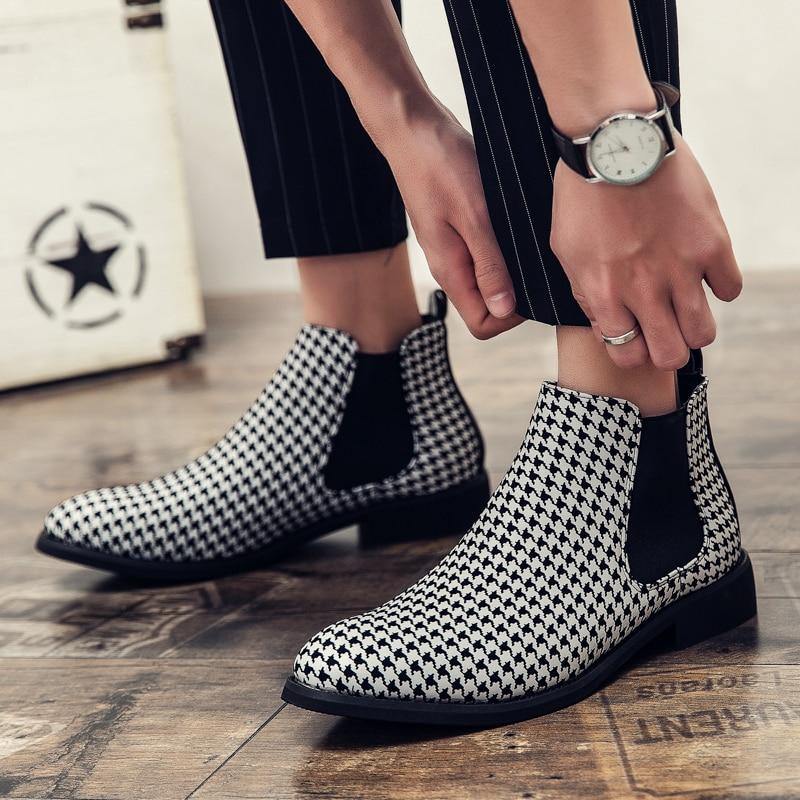 Men's Plaid Faux Leather Chelsea Boots - AM APPAREL