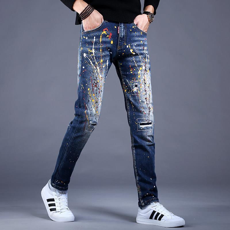 Men’s Slim Fit Denim Graffiti Ripped Jeans - AM APPAREL