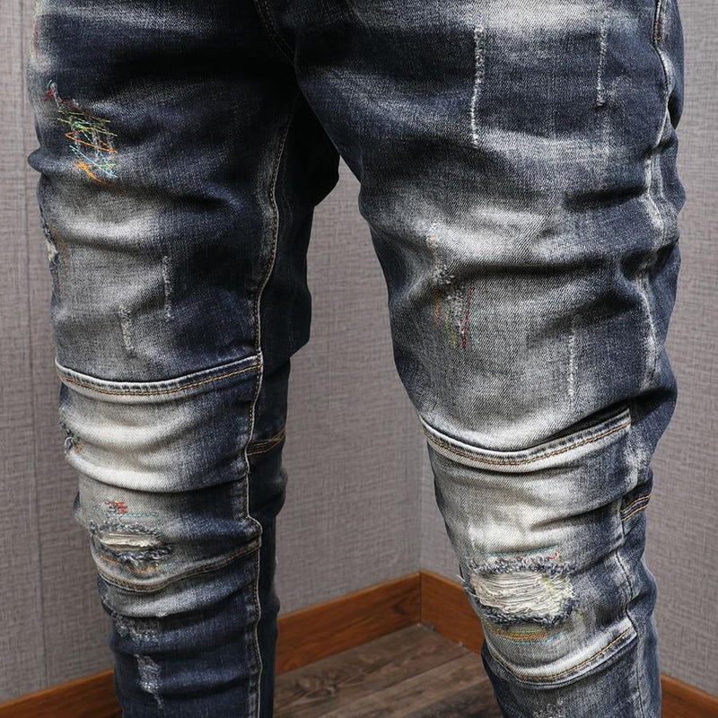 Men's Slim Fit Elastic Distressed Denim Jeans - AM APPAREL