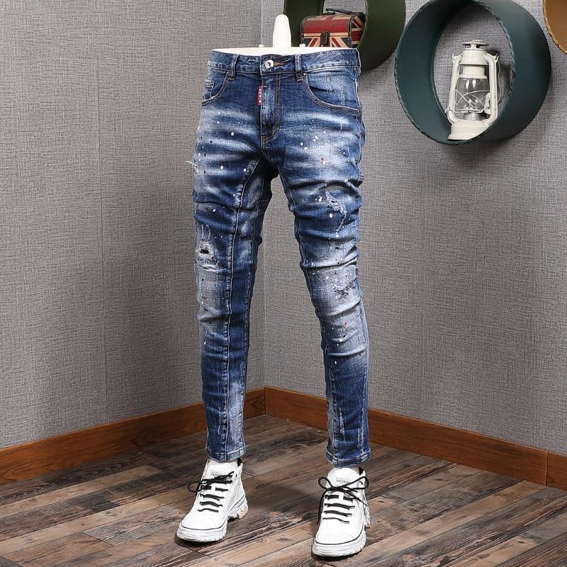 Men's Slim Fit Elastic Distressed Denim Jeans - AM APPAREL