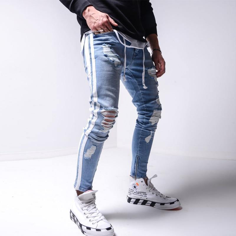 Men's Slim Fit Side Striped Distressed Jeans - AM APPAREL