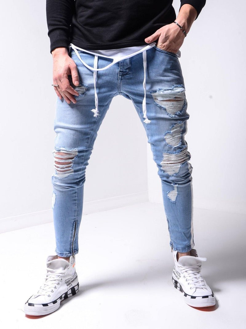 Men's Slim Fit Side Striped Distressed Jeans - AM APPAREL