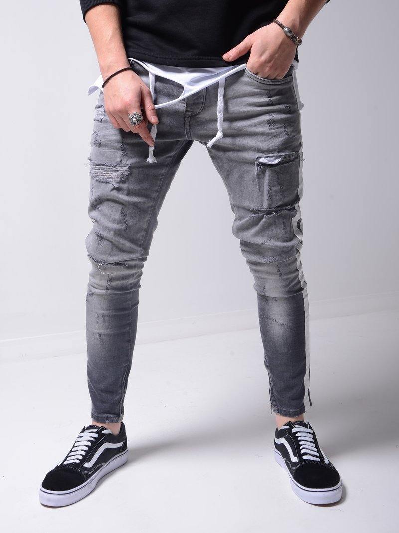 Men's Slim Fit Side Striped Distressed Jeans - AM APPAREL