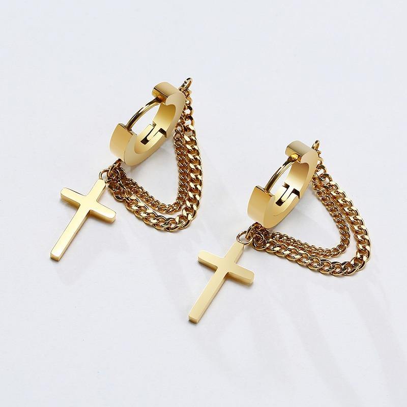 Men's Stainless Steel Cross Double Chain Earrings - AM APPAREL