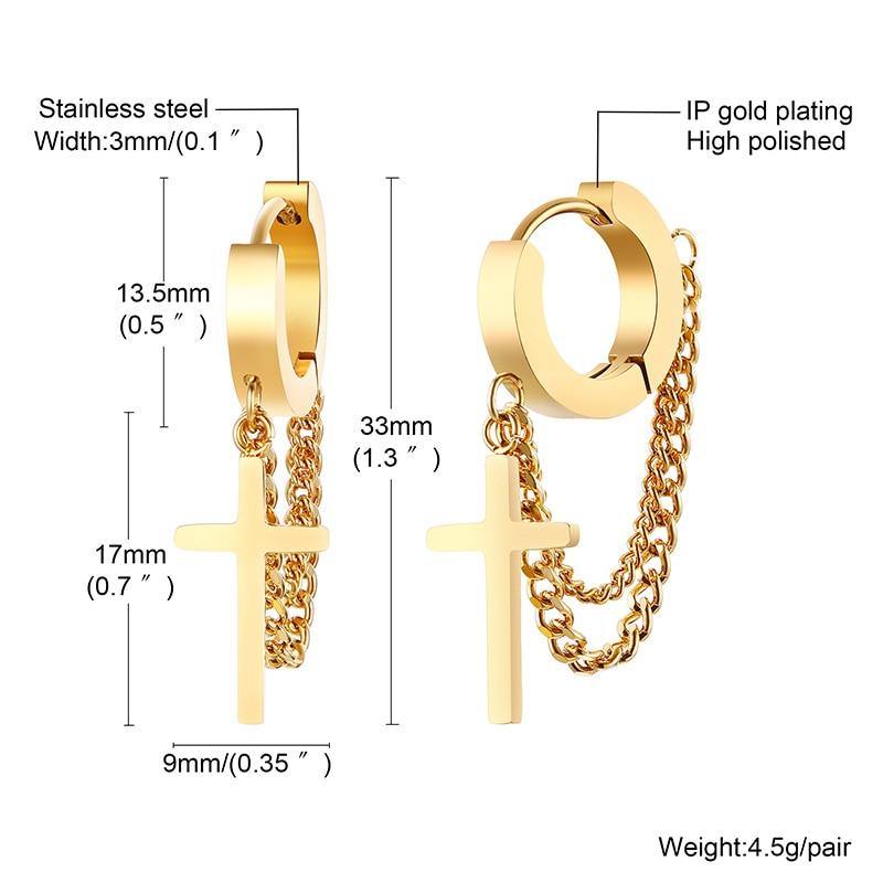 Men's Stainless Steel Cross Double Chain Earrings - AM APPAREL