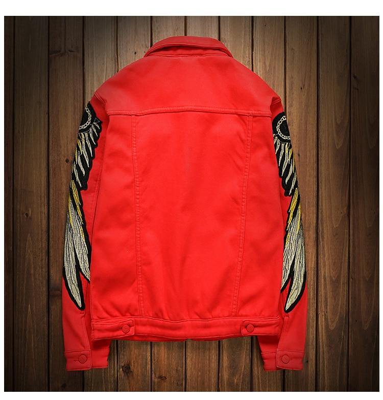 Men's Trendy Wings Embroidery Fleece Jean Jacket - AM APPAREL