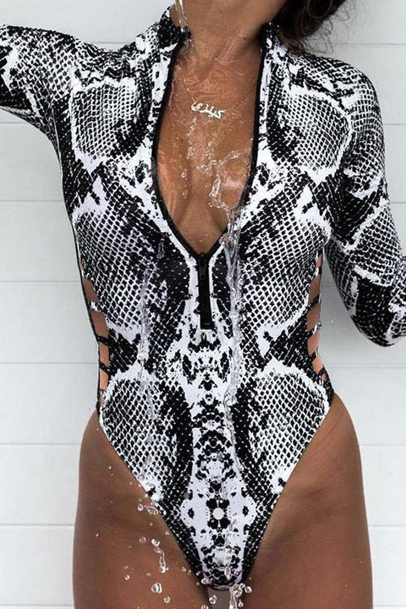 Snake Print Zipper Cut-Out Wetsuit - AM APPAREL