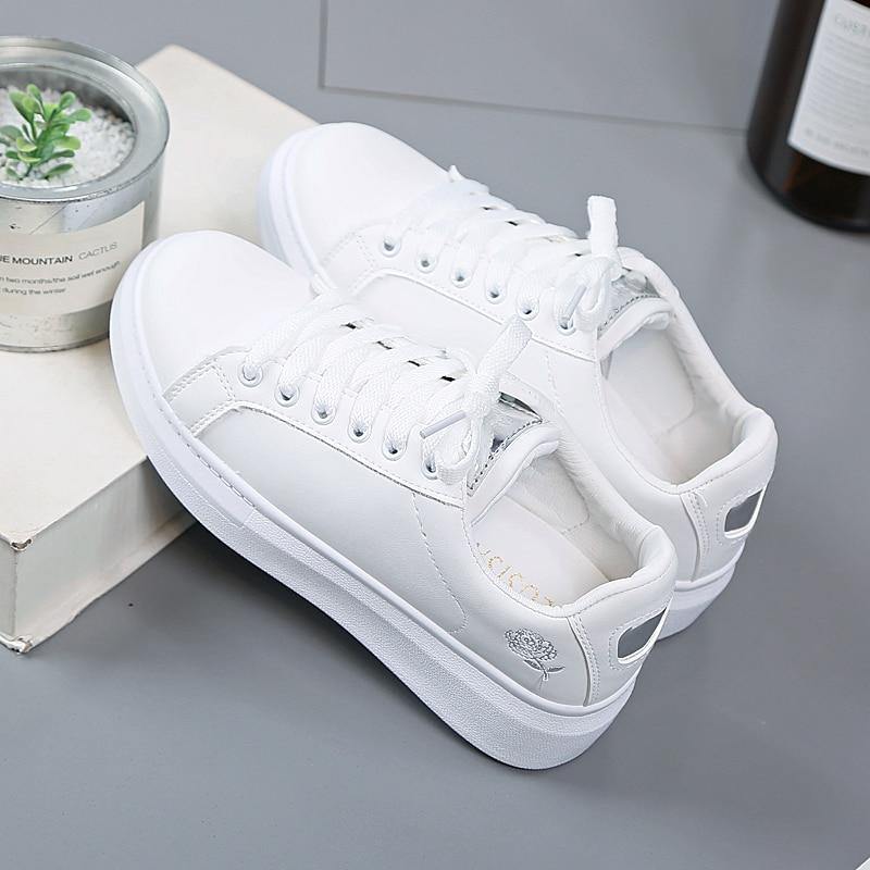 Women's Casual Embroidered White Sneakers - AM APPAREL