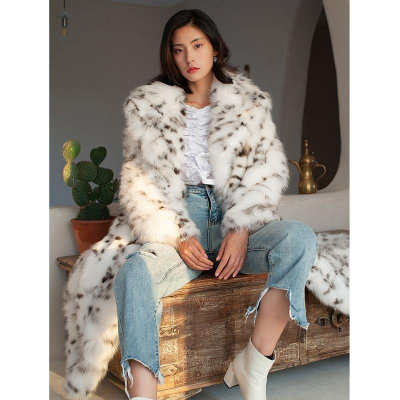 Women's Faux Fur Leopard Print Winter Long Coat - AM APPAREL