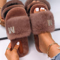 Women's Fluffy Faux Fur Slipers W/ Rhinestone Letter M - AM APPAREL