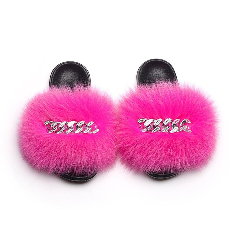 Women's Fluffy Fur Slippers W/ Chain Detail - AM APPAREL