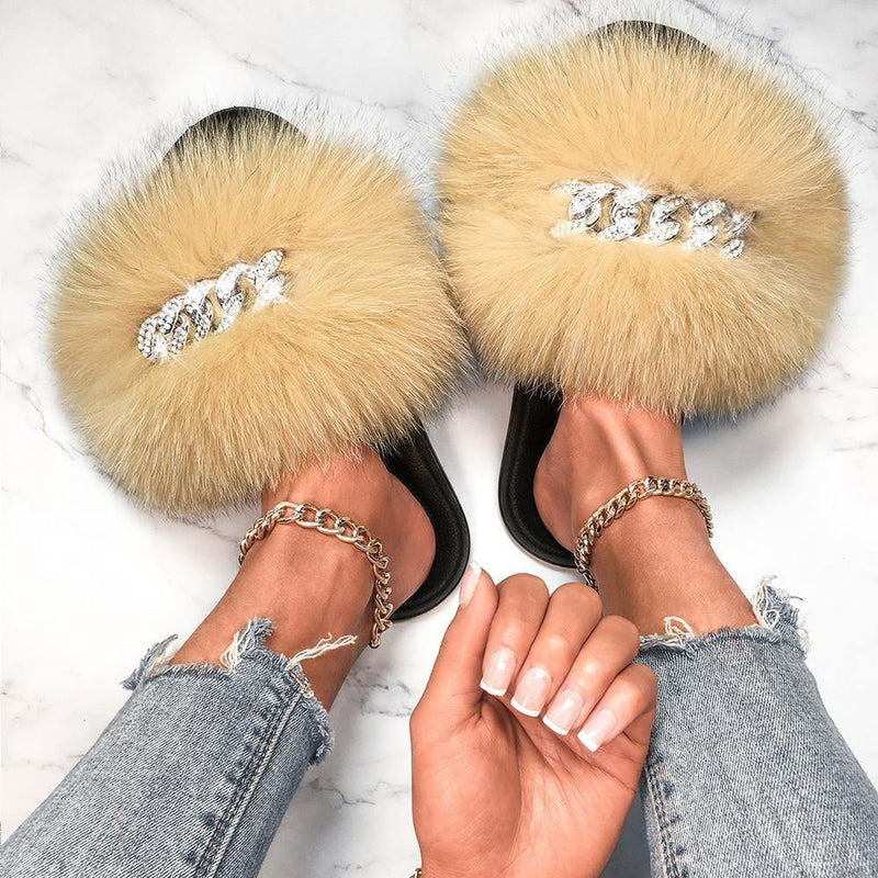 Women's Fluffy Fur Slippers W/ Chain Detail - AM APPAREL