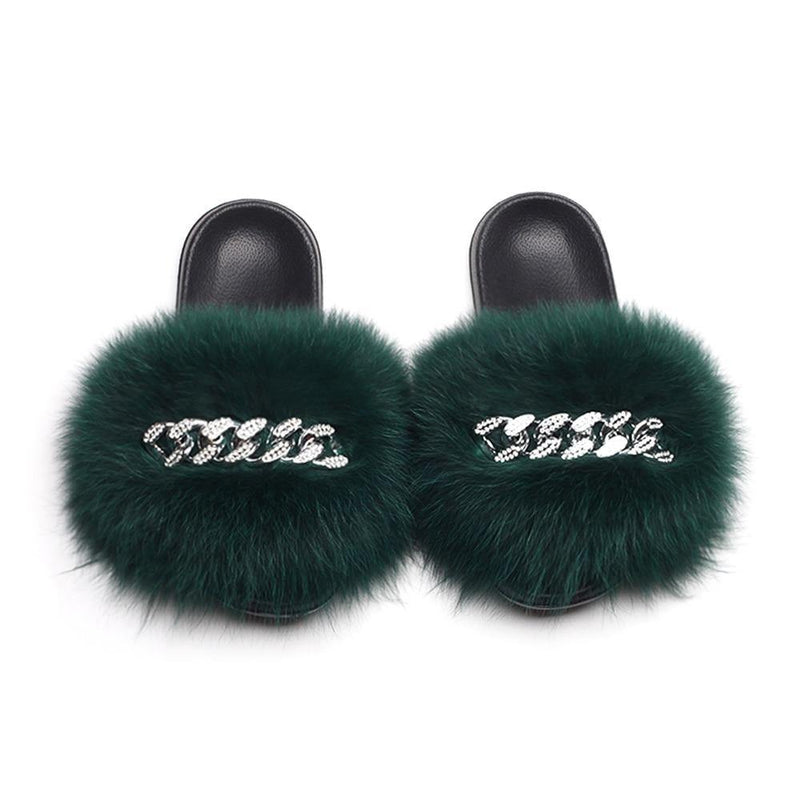 Women's Fluffy Fur Slippers W/ Chain Detail - AM APPAREL