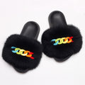 Women's Fluffy Fur Slippers W/ Chain Detail - AM APPAREL