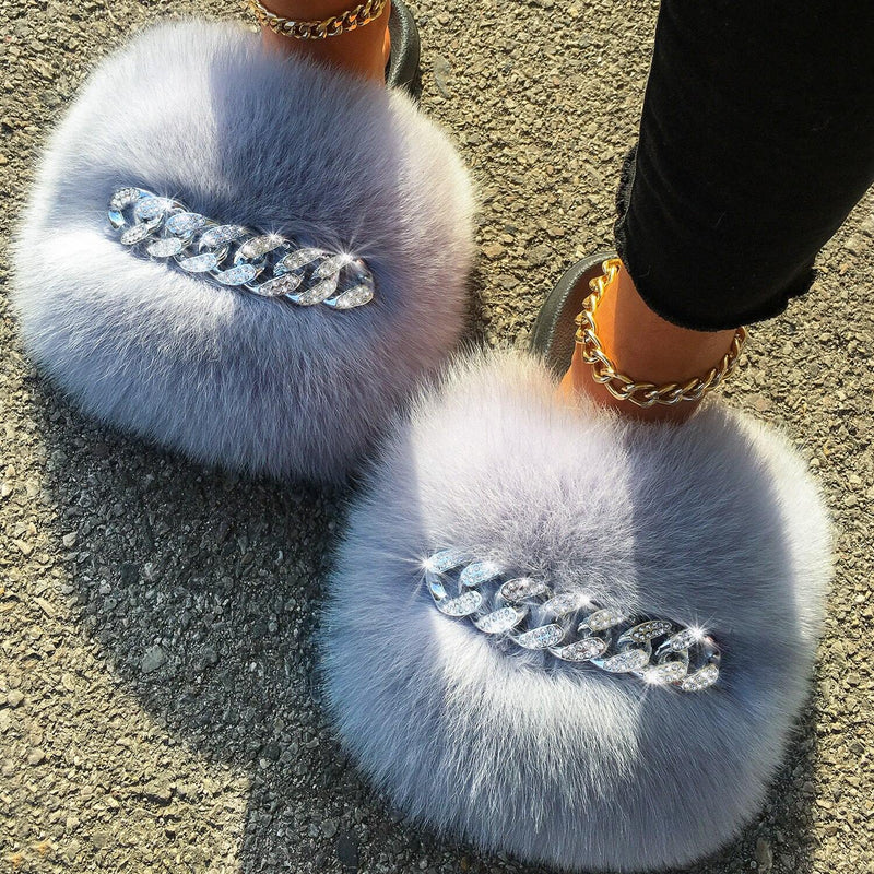 Women's Fluffy Fur Slippers W/ Chain Detail - AM APPAREL