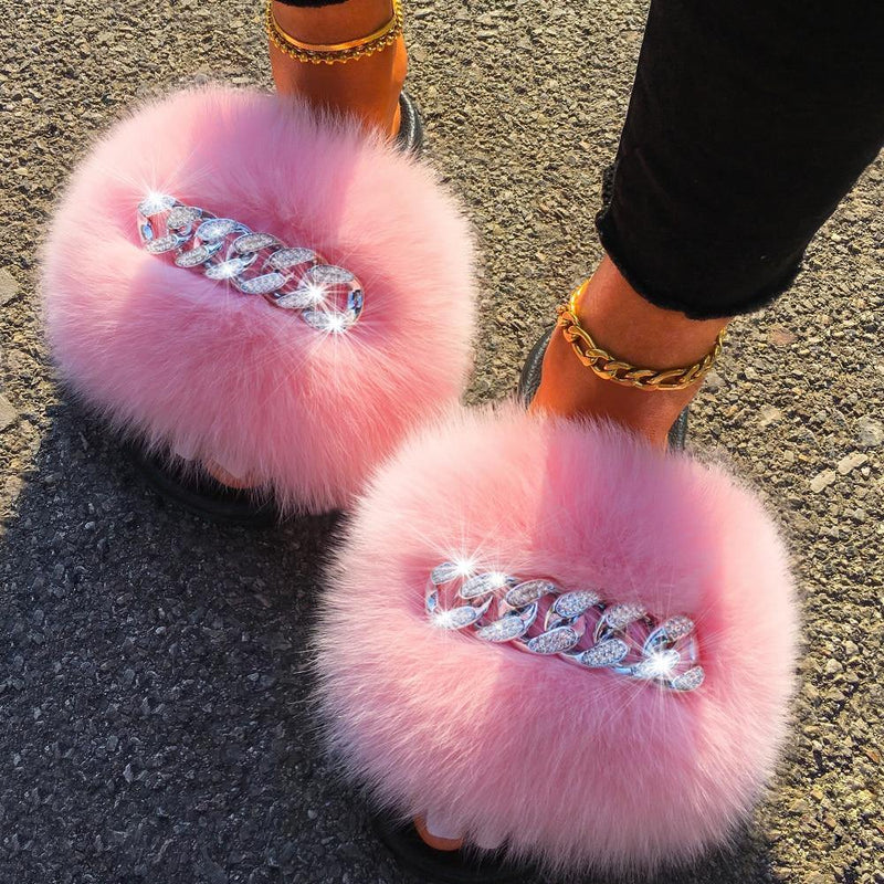 Women's Fluffy Fur Slippers W/ Chain Detail - AM APPAREL