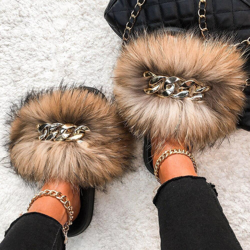 Women's Fluffy Fur Slippers W/ Chain Detail - AM APPAREL