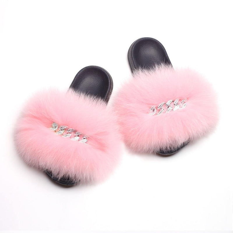 Women's Fluffy Fur Slippers W/ Chain Detail - AM APPAREL